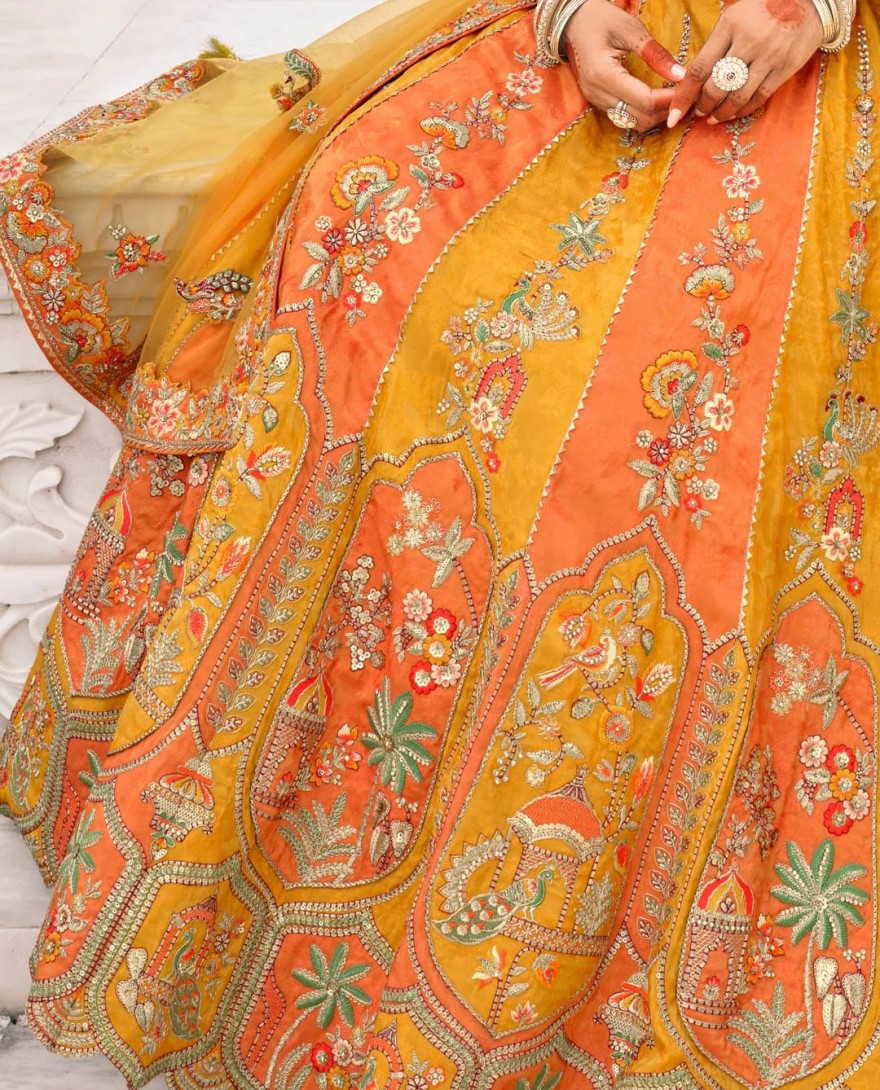 Orange - Pumpkin Orange & Yellow Fancy Silk Lehenga Choli With Cut Work Embroidery Border & Stone Work